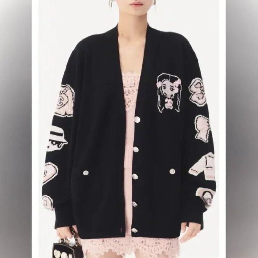 Chanel Black Knit Cardigan Cartoon Embroidery Plays Up Luxury Childlike Style